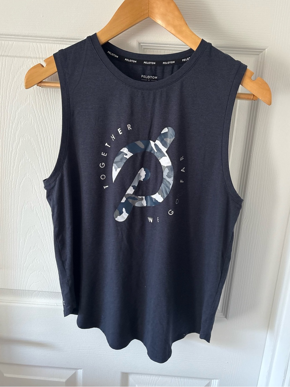 Peloton Together We Go Far Camo Logo Muscle Tank Navy Blue Size L